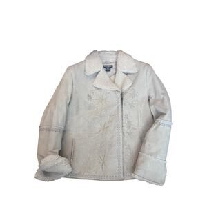 Bisou Bisou Women Floral Embroidered Slit Sleeve Fur Full Zip Leather Jacket L